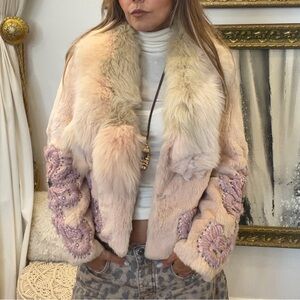 Women's Blush Pink Fox Fur Jacket Embellished embroidered Coat Small